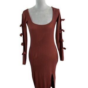 Fashion Nova Rust Ribbed Bodycon Midi Dress W/Bow Sleeve detail,Soft Girl Chic